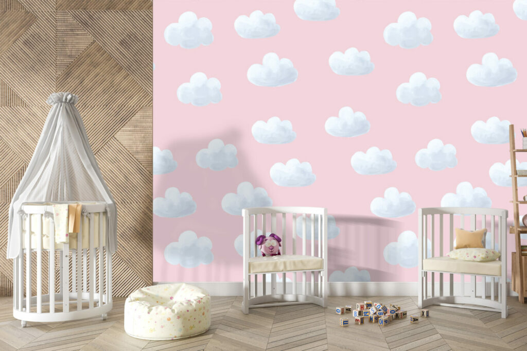 tapisserie enfantine pas cher nuages chambre nouveau né - rose