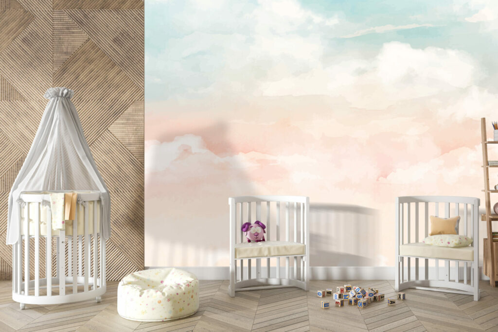 livraison rapide fresque papier peint panoramique minimaliste ciel nuage aquarelle sur mesure haut de gamme maison chambre bébé enfant