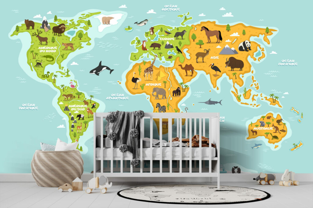 papier peint panoramique éducatif map monde ludique pour enfant pas cher chambre tout petit