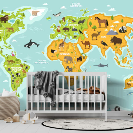 papier peint panoramique éducatif map monde ludique pour enfant pas cher chambre tout petit