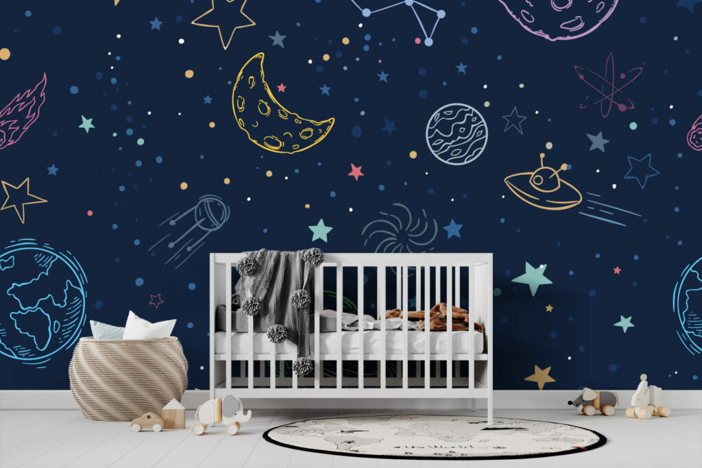 décoration murale adhésive original motif de l'espace sur-mesure livraison gratuite préfabriqué nouveau né