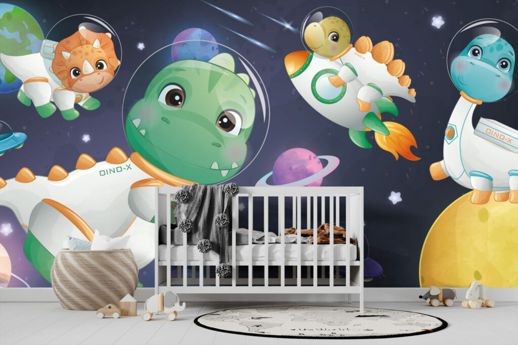 vente papier peint panoramique autocollant paysage espace dinosaure fusée sur-mesure haut de gamme chambre enfant bébé garçon