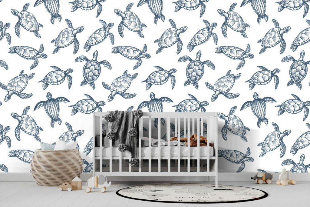 textile repositionnable motif tortue sur mesure pas cher chambre bébé - bleu