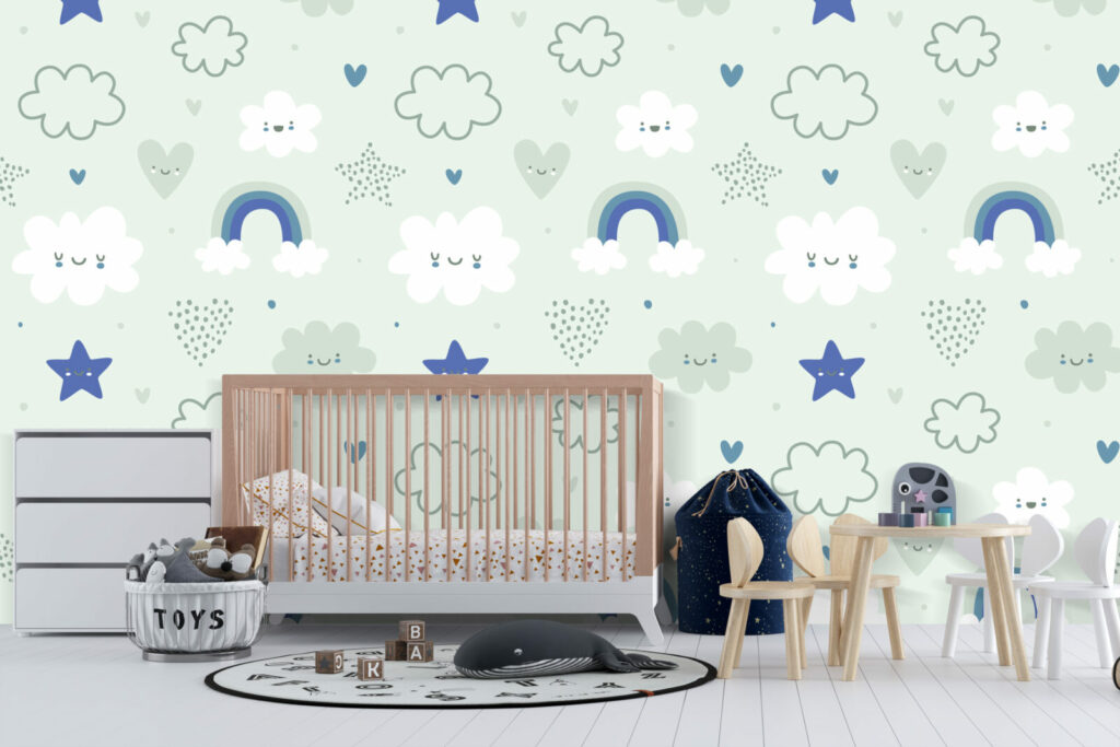 tapisserie rapositionnable nuage enfantin sur mesure chambre bébé - vert
