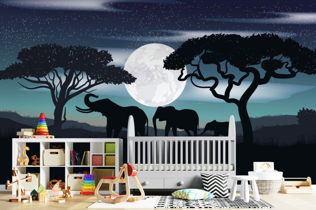Fresque panoramique paysage féérique Savane de nuit personnalisable bon marché chambre bébé