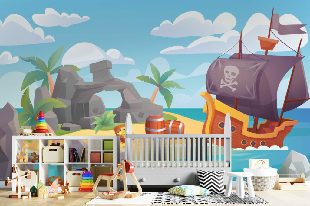 tapisserie vinyle panoramique enfantine bateau pirate sur-mesure livraison rapide chambre bébé