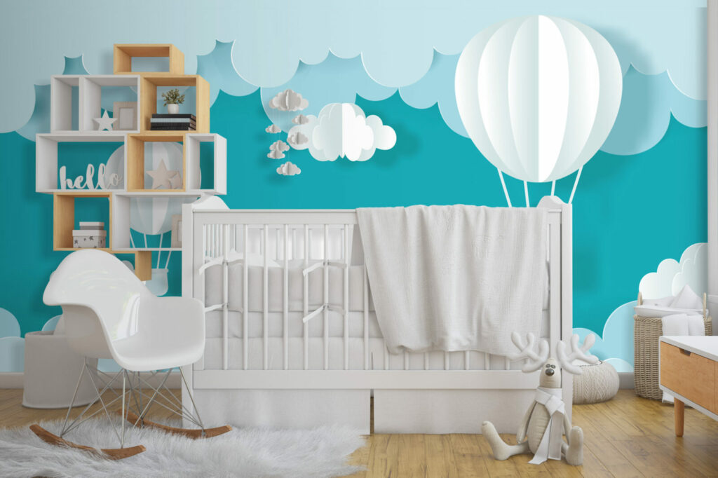 tapisserie panoramique nuage et montgolfières minimaliste abordable chambre nourrisson