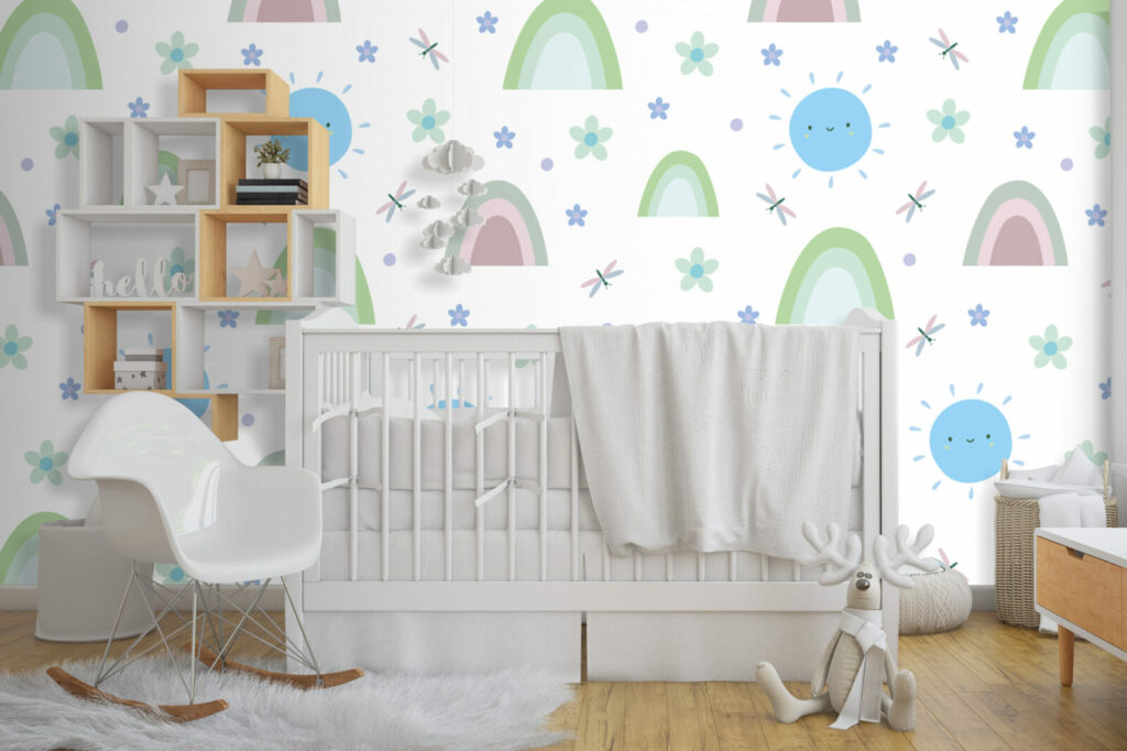 Tapisserie repositionnable motif enfantin arc en ciel personnalisé pas cher chambre nouveau né