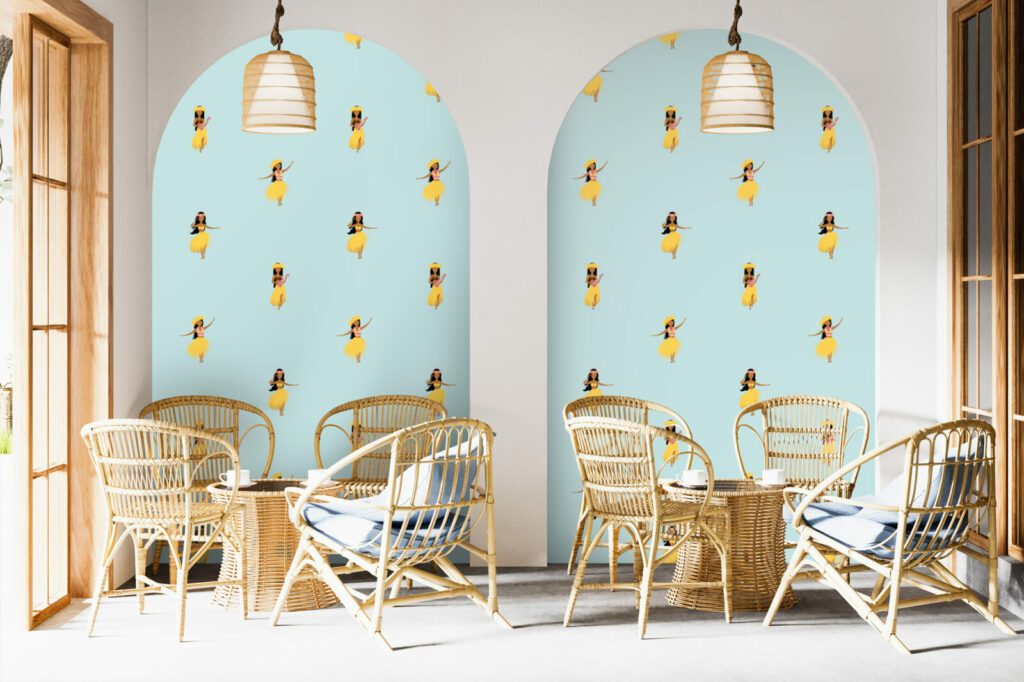 Papier peint ultra facile à poser danseuses hawaiiennes pas cher salon de thé - bleu