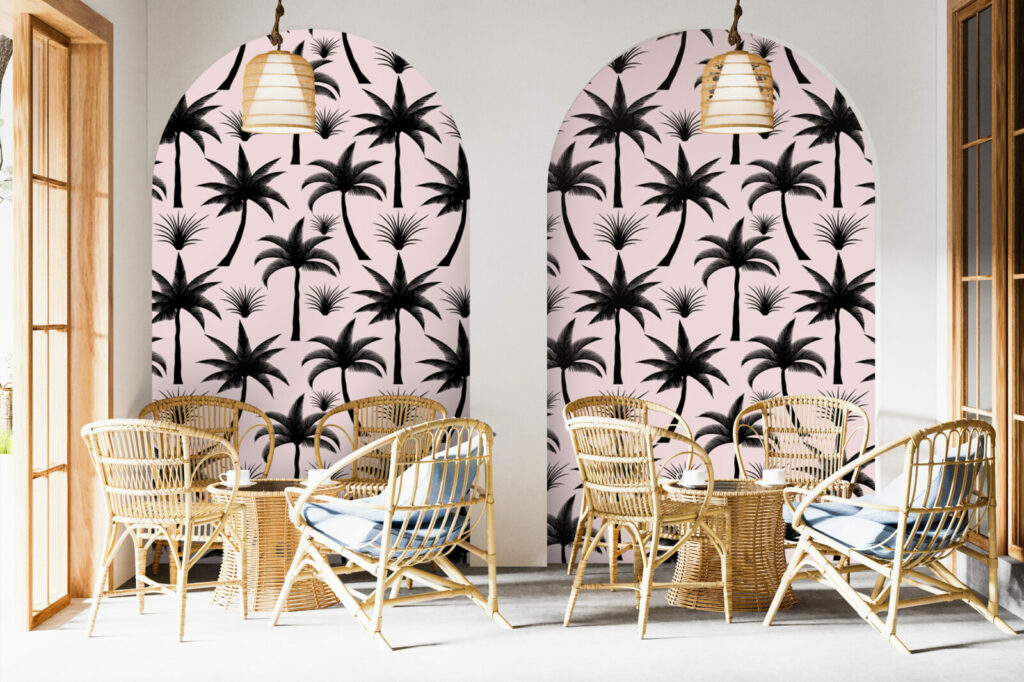 Papier peint personnalisable cocotier tropical a encoller salon thé - noir beige