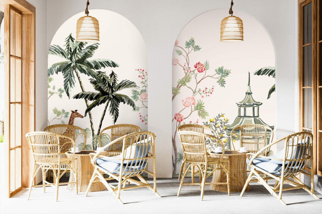 papier peint panoramique safari sauvage style aquarelle abordable salon de thé