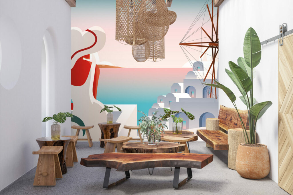 vente papier peint repositionnable pop paysage Grèce sur-mesure abordable maison salon terrace