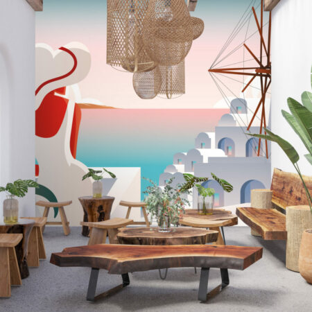 vente papier peint repositionnable pop paysage Grèce sur-mesure abordable maison salon terrace