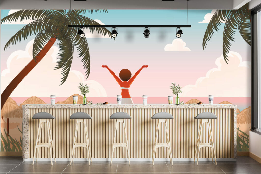 livraison rapide tapisserie fresque murale retro pop plage été Grèce sur-mesure haut de gamme maison bar