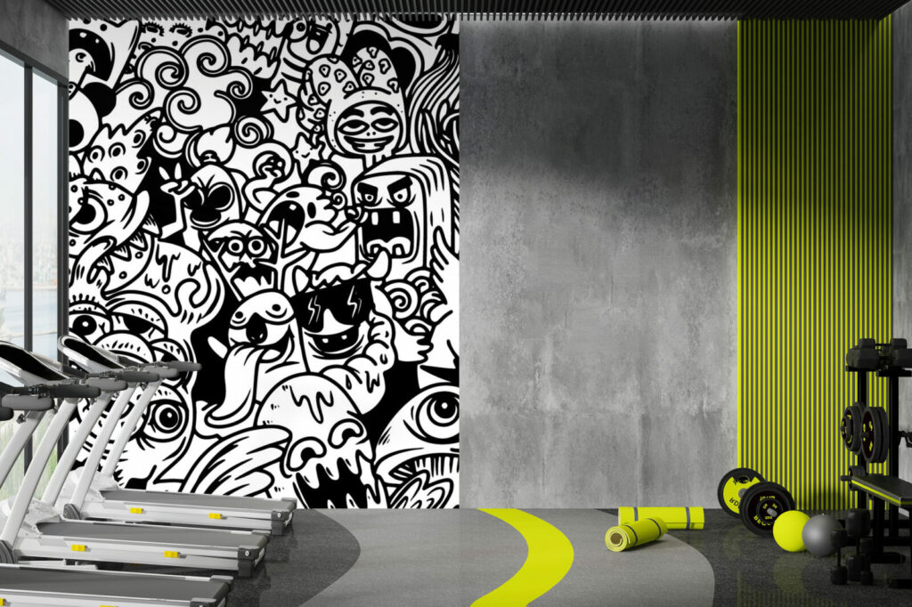 papier peint tendance style doodle rebelle haut de gamme salle de sport - noir