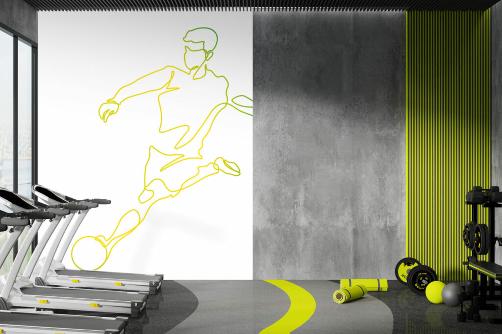 papier peint vinyle joueur de football salle à sport - jaune vert