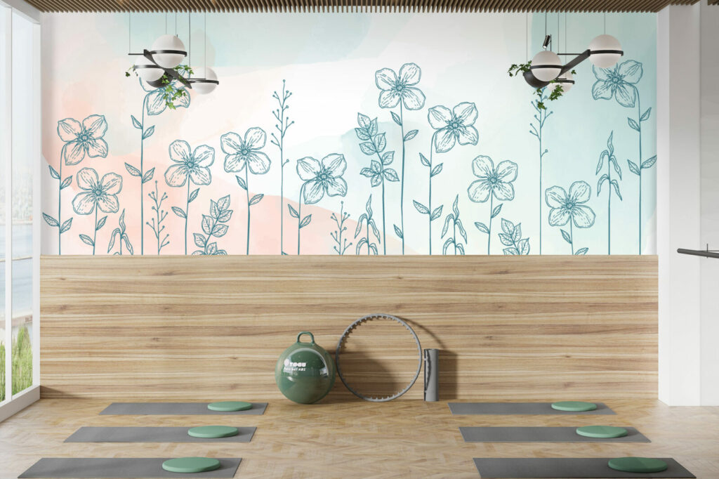 vente papier peint à encoller motif fleurs aquarelle personnalisable haut de gamme salle de gym