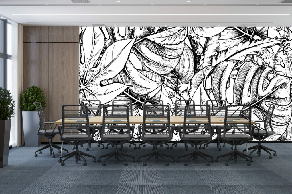 Fresque murale feuillage tropical abordable salle de réunion - noir