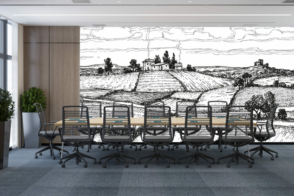 tapisserie panoramique dessin village minimaliste sur mesure pas cher salle de réunion