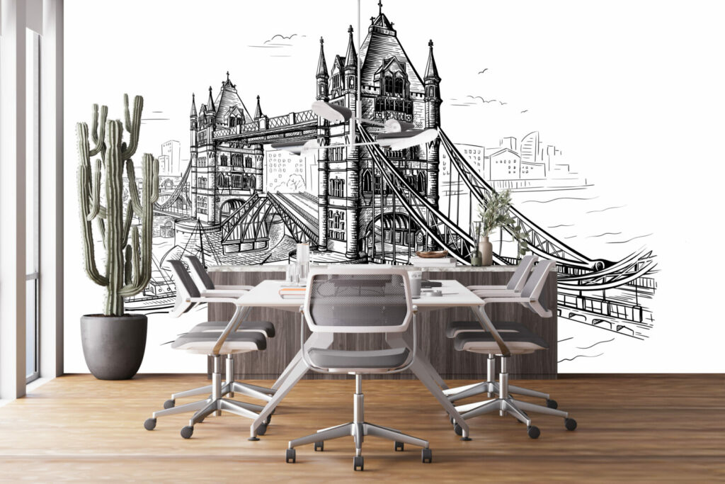 papier peint intissé dessin pont de Londres sur mesure bureau - noir