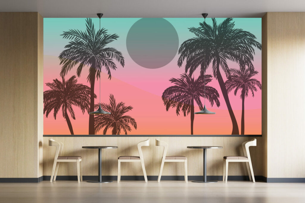 décoration murale style sunset californien tropical pré encoller restaurant - vert rose