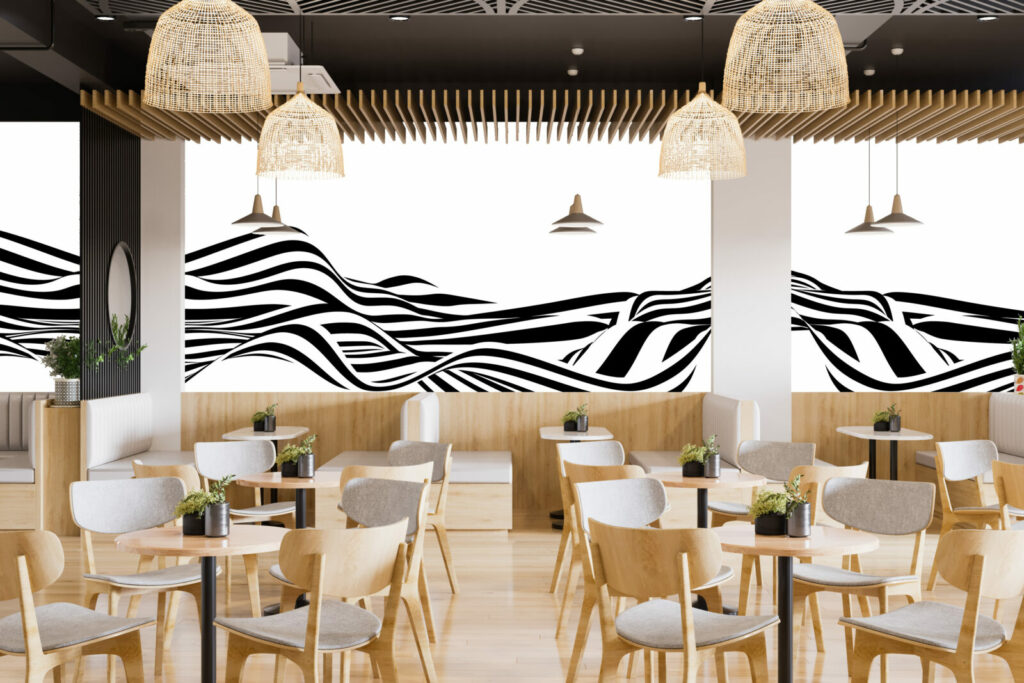 Fresque panoramique tendance vagues personnalisée pas cher restaurant - noir