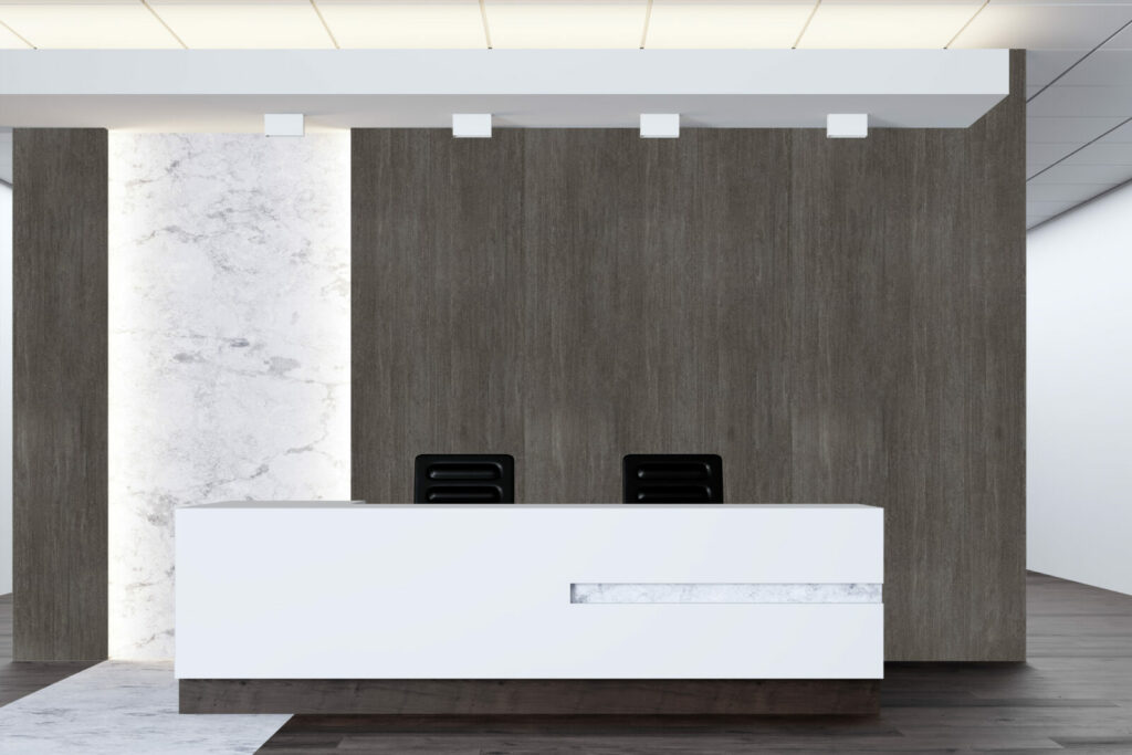 papier peint trompe l'oeil bois foncé personnalisable pas cher accueil entreprise