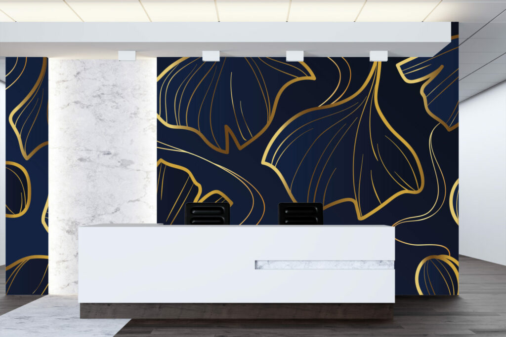 Papier peint intissé sur mesure ginko japonisant moderne accueil bleu or