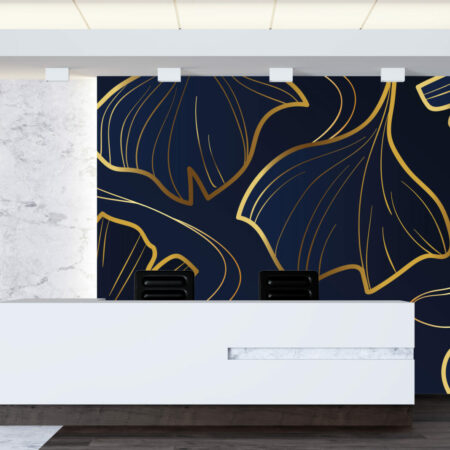 Papier peint intissé sur mesure ginko japonisant moderne accueil bleu or