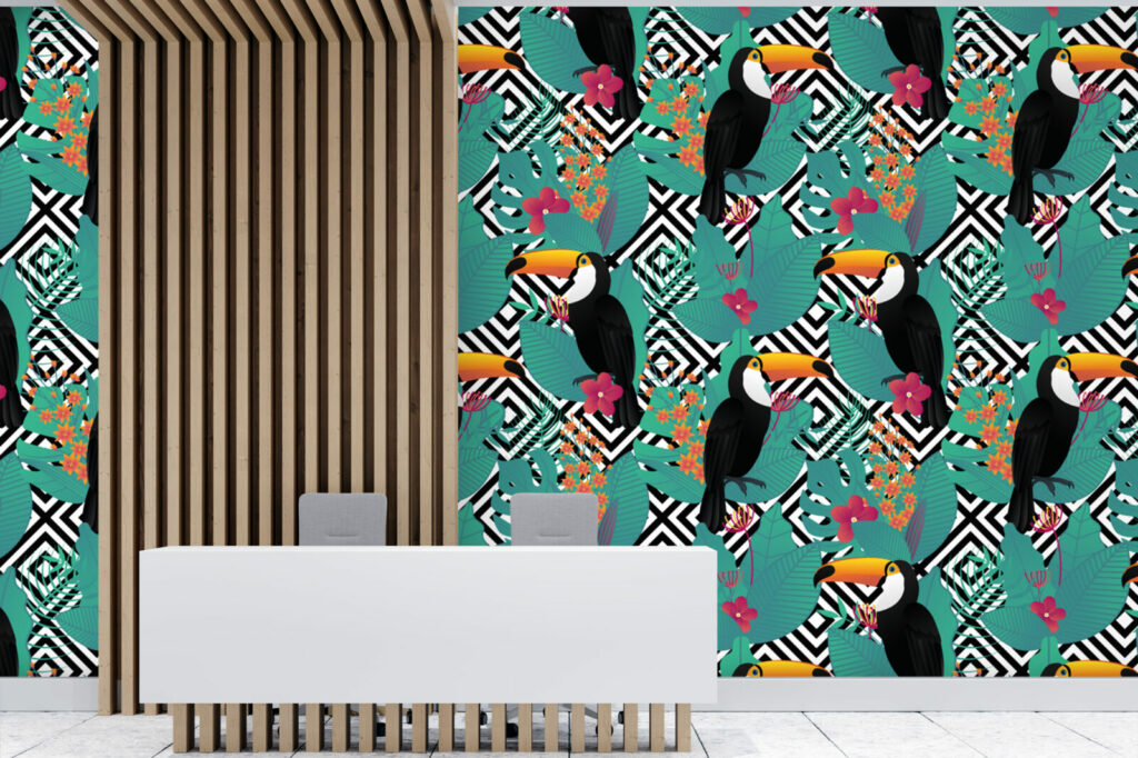 décoration murale autocollante motif toucan tropical design au meilleur prix accueil entreprise