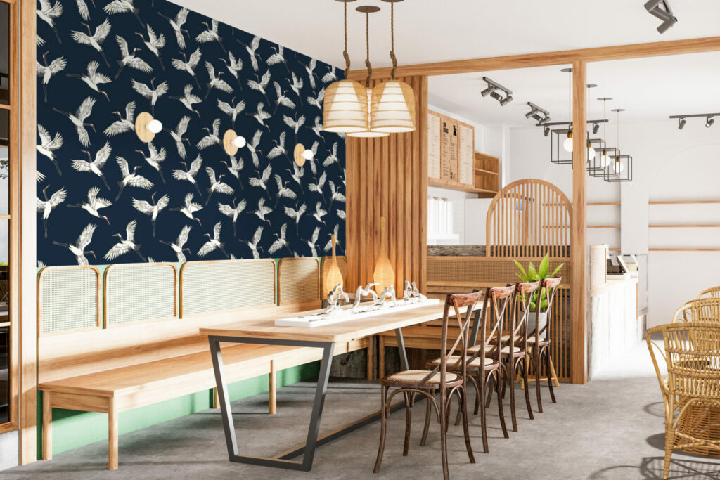 papier peint grues japonisantes haut de gamme restaurant - bleu