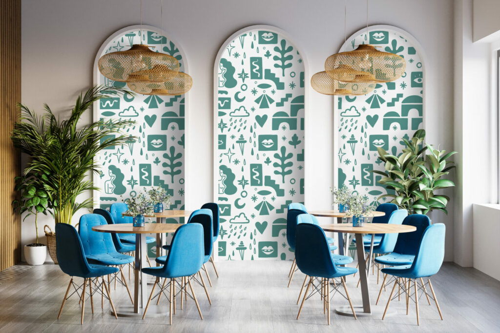 fresque mural de formes abstraites style Mathisse haut de gamme entreprise - vert