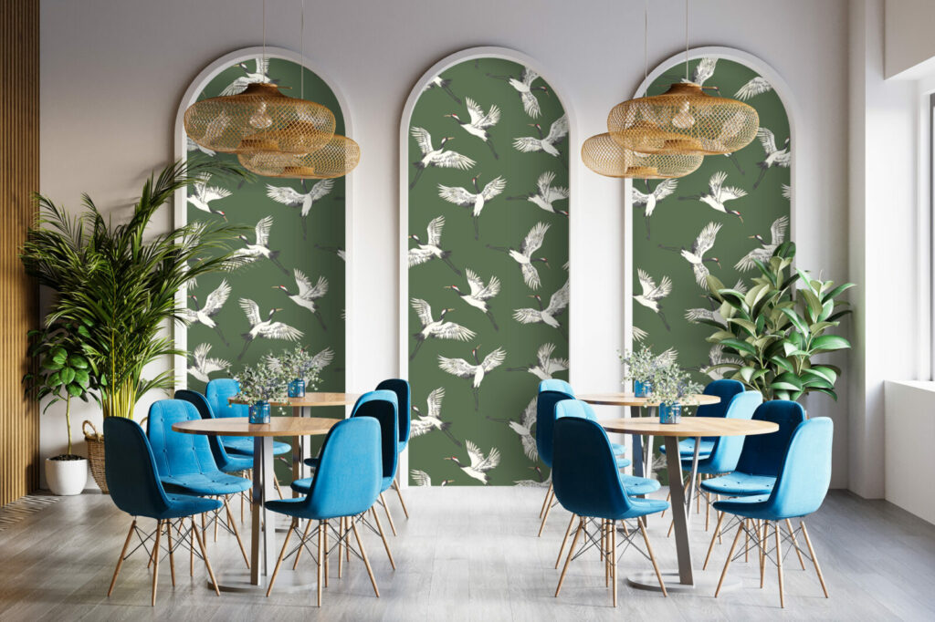 papier peint grues japonisantes haut de gamme restaurant - kaki