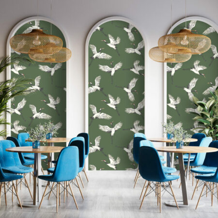 papier peint grues japonisantes haut de gamme restaurant - kaki