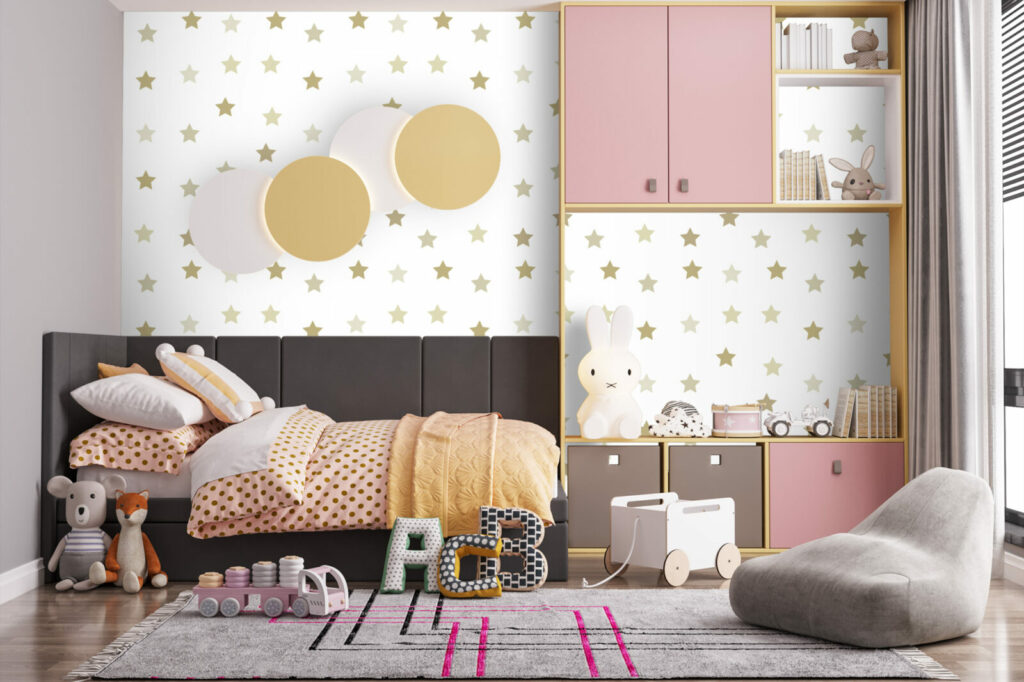 Tapisserie motif étoile décoration sur mesure pas cher chambre petite fille - beige