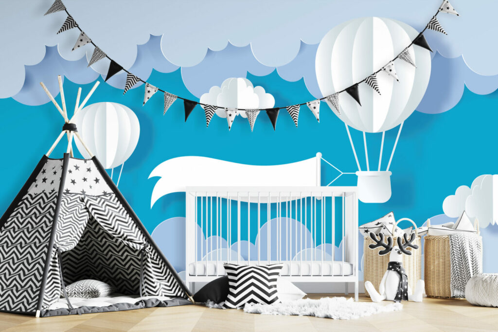 tapisserie panoramique nuage et montgolfières minimaliste abordable chambre bébé