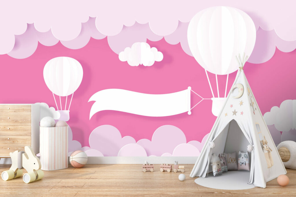 tapisserie panoramique nuage et montgolfières minimaliste abordable salle de jeux