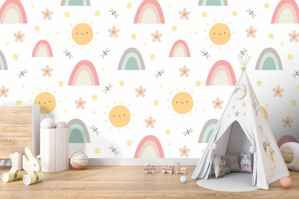 Tapisserie repositionnable motif enfantin arc en ciel personnalisé pas cher salle de jeux pour enfant