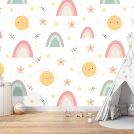 Tapisserie repositionnable motif enfantin arc en ciel personnalisé pas cher salle de jeux pour enfant