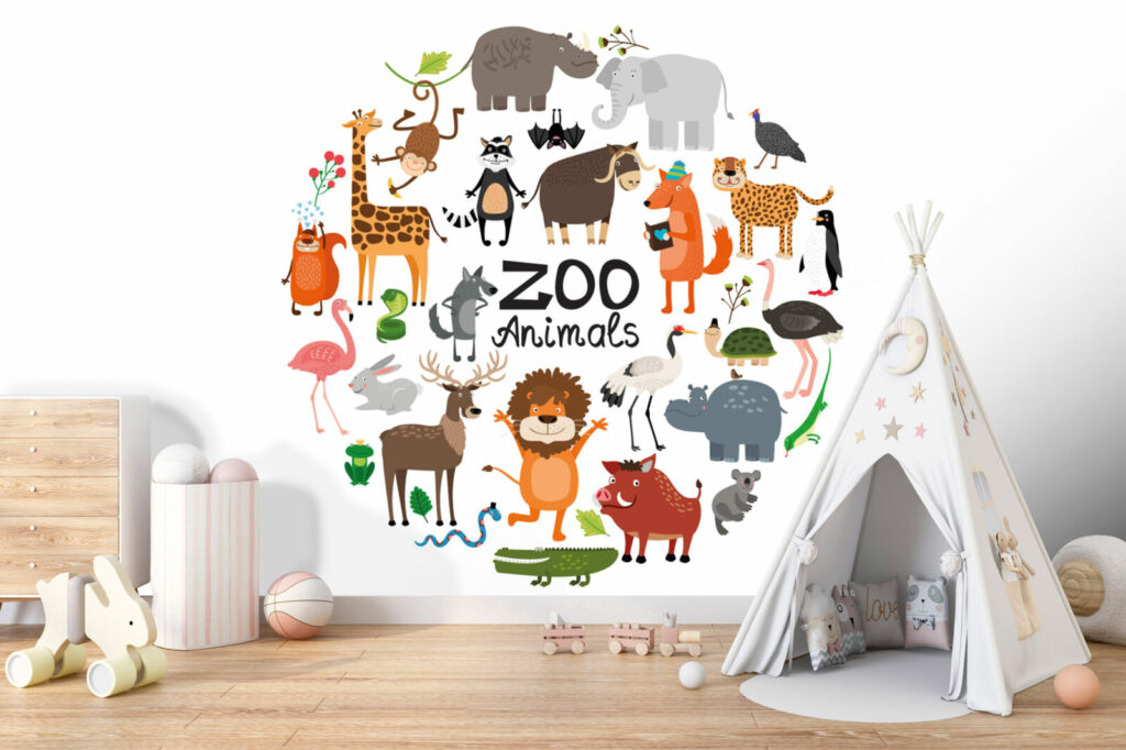 papier peint à encoller animaux du monde personnalisable livraison gratuite salle de jeux - blanc