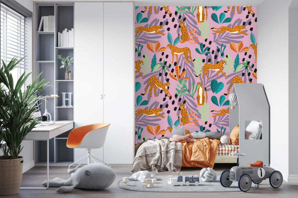 papier peint motif art déco sur mesure chambre enfant - rose