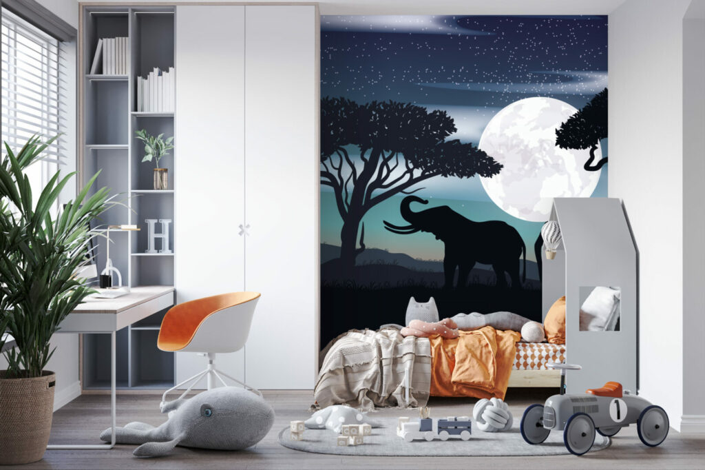 Fresque panoramique paysage féérique Savane de nuit personnalisable bon marché chambre enfant