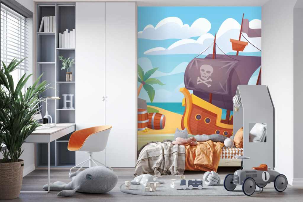 tapisserie vinyle panoramique enfantine bateau pirate sur-mesure livraison rapide chambre petit garçon
