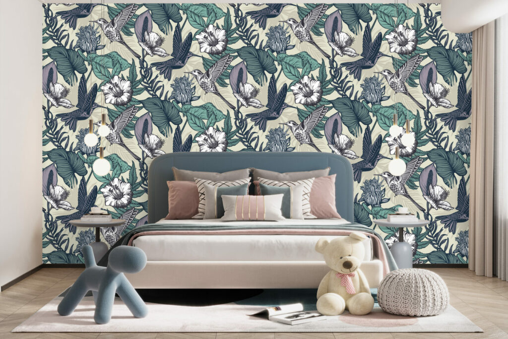 vinyles mural pré encollé colibri floral tendance et moderne au meilleurs prix chambre ado vert kaki