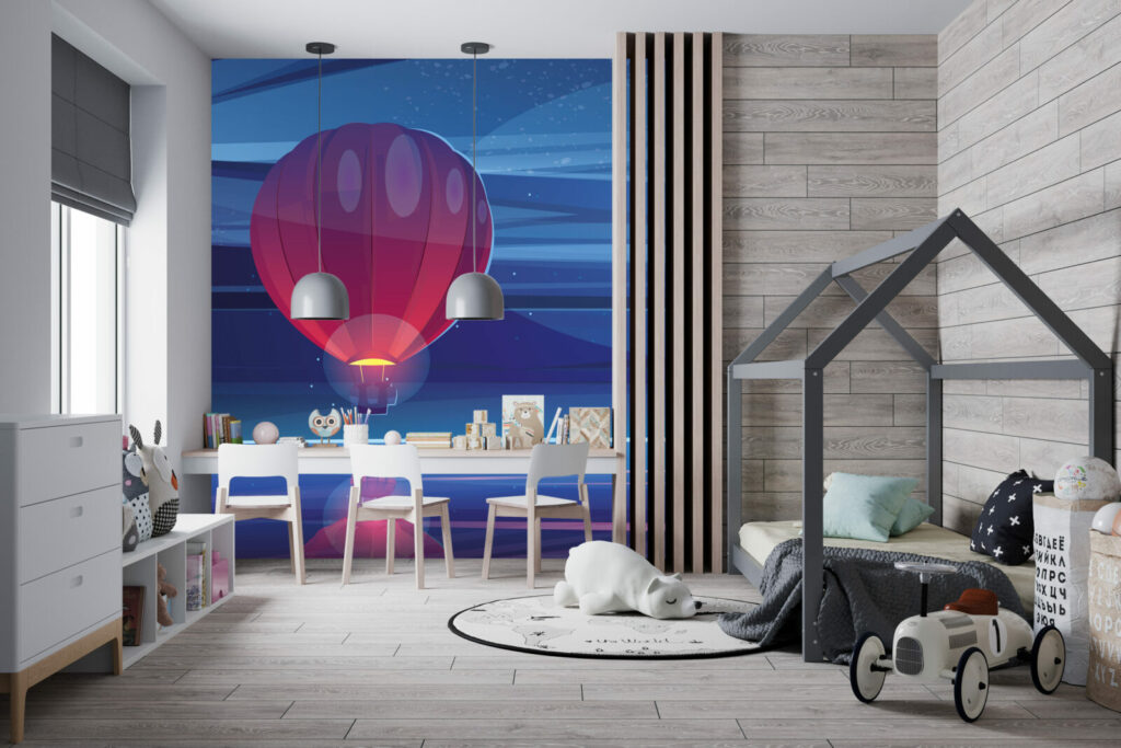 fresque panoramique montgolfière féérique pas cher chambre garçon - rouge