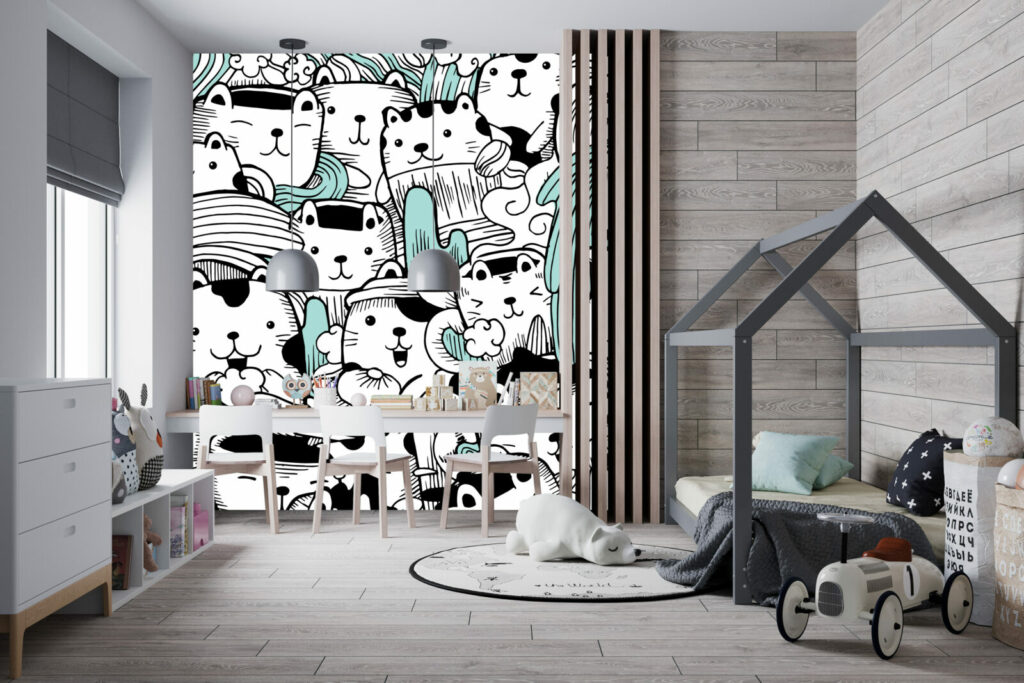 vente fresque murale pré encollée motif petit chat pop doodle personnalisé bon prix maison chambre enfant bébé