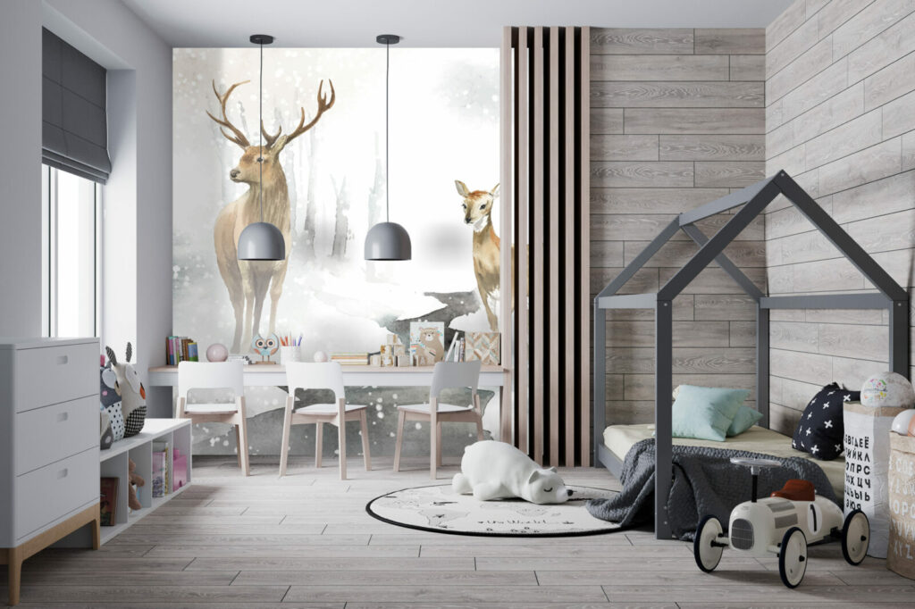 acheter collection papier peint repositionnable aquarelle biche cerf hiver panoramique personnalisé haut de gamme maison chambre enfant