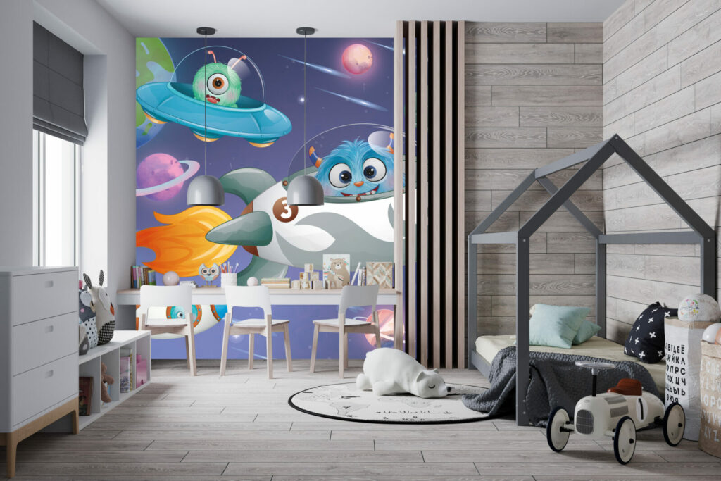 bon plan papier peint intissé voyage dans l'espace avec les monstres mignon chambre graçon