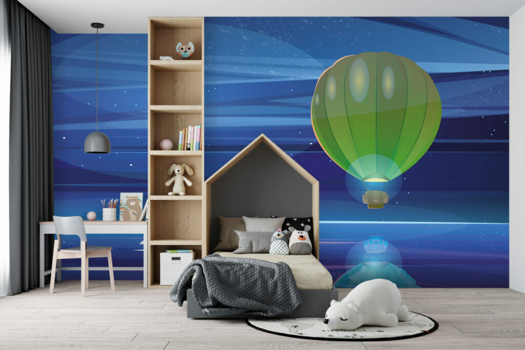 fresque panoramique montgolfière féérique pas cher chambre enfant - vert