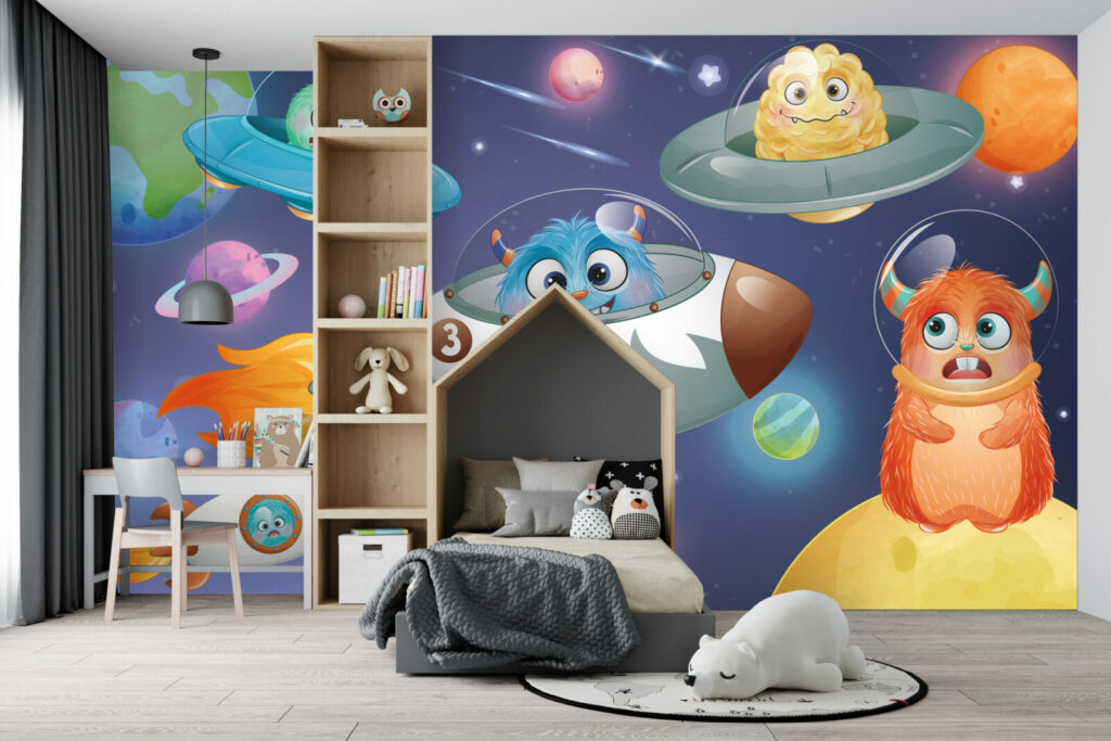 bon plan papier peint intissé voyage dans l'espace avec les monstres mignon chambre bambin
